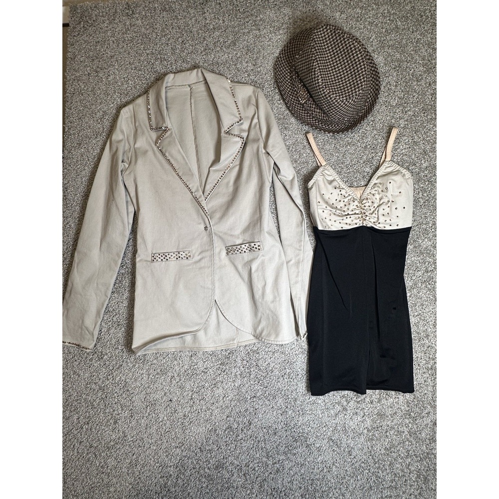 Kelle Teen Rhinestone Jazz Dance Costume Dress Blazer Fedora Hat 3 Piece Set